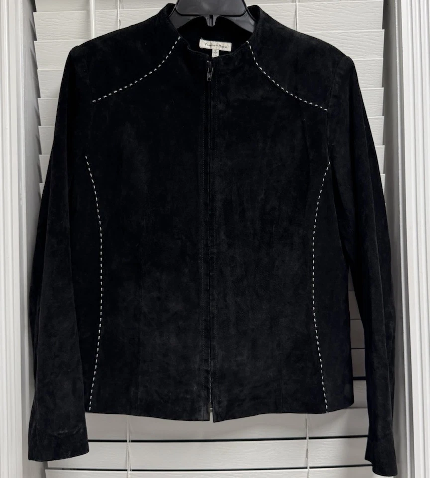 YVONNE MARIE Forrado CUERO GAMUZA NEGRO Cremallera Ajuste Cónico Chaqueta/Abrigo MOTO talla 10 Foto 2 de 4