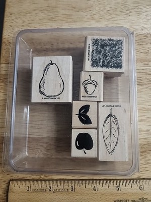 Stampin Up All Natural Wood Stamp Set of 6 Pear-Daisy-Leaf-Acorn A-1
