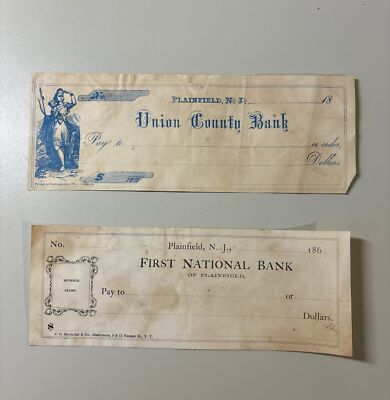 2 Antique Plainfield NJ Bank Checks