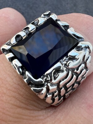 Mens Real 925 Sterling Silver Iced Simulated Blue Sapphire Nugget Hip Hop Ring