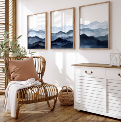 Galerie Wandbilder Neutral Blau Wellen 3 Set Poster Minimal Modern Abstrakt Drucke