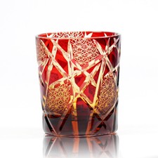 Whiskey Glass Tumbler Japanese Style Edo Kiriko Glass Hand Cut To Clear 9oz Red