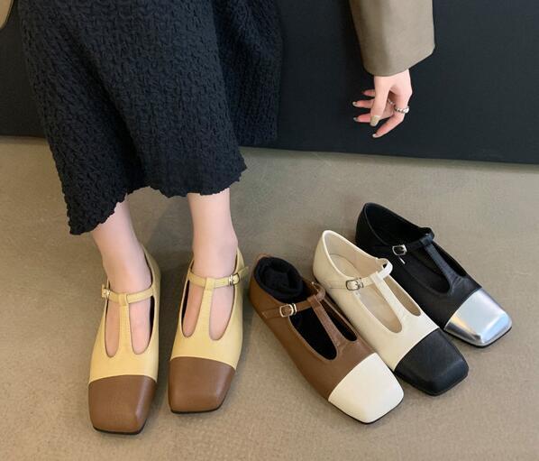 Womens Fashion Elegant Square Toe Color Matching T-strap Flats Mary Jane  Shoes