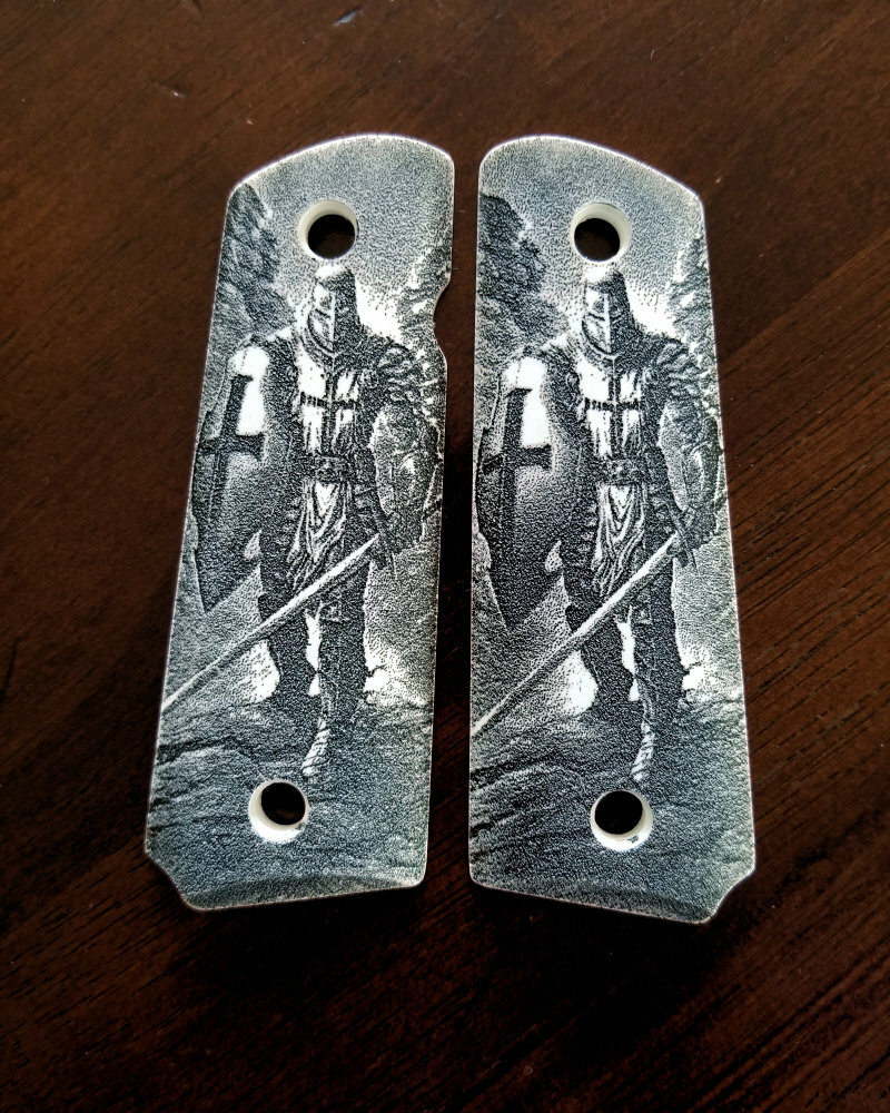 Custom 1911 Compact Grips - Faux Ivory With Crusader Knight & Psalm 23:4 Engraving