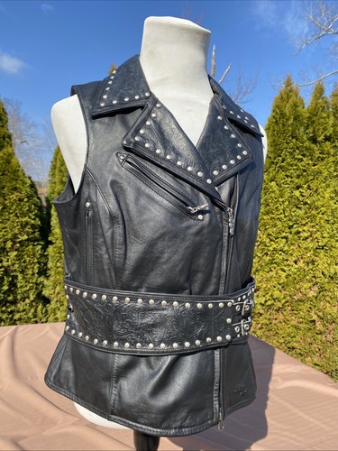 Harley Davidson Women CHEYENNE Studded Leather Vest Black XL Western Tooled RARE - Picture 9 of 12