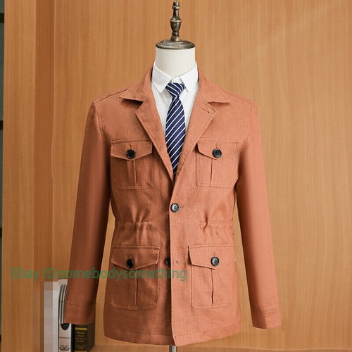 Linen Safari Jacket Men's British Retro Coat Hunting Coat Vintage Casual Jacket - Picture 22 of 28