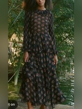 Doen Ciara rare Black Long Sleeve Floral Tiered Maxi Dress smocked tiered s