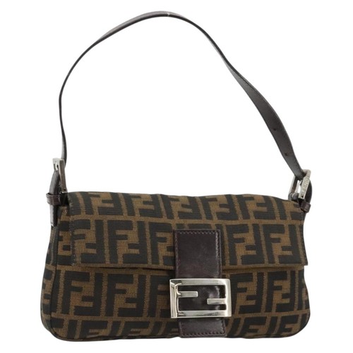FENDI Zucca Canvas Mamma Baguette Shoulder Bag Black Brown Auth 181715V