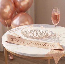 "50  Fabulous" Birthday Tiara Crow and Sash Kit- 50th Rose Gold Glitter