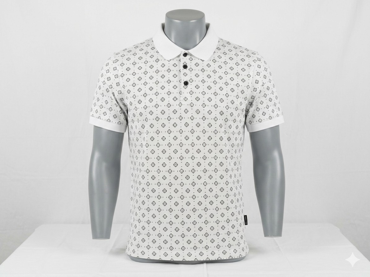 Kenneth Cole Men's White Geometric Print Stretch Polo Shirt S Cotton Spandex