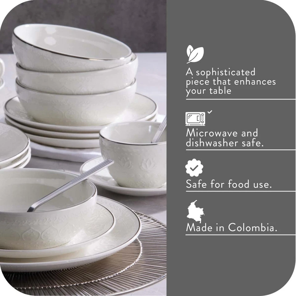 Vajilla de cerámica Corona 20 piezas borde plateado elegante estampado floral en relieve... Foto 3 de 4