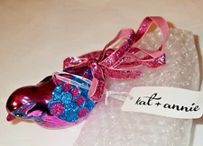 KAT & ANNIE ORNAMENT ~ GLASS PINK & BLUE BIRD with RIBBON TAIL *READ DESCRIPTION