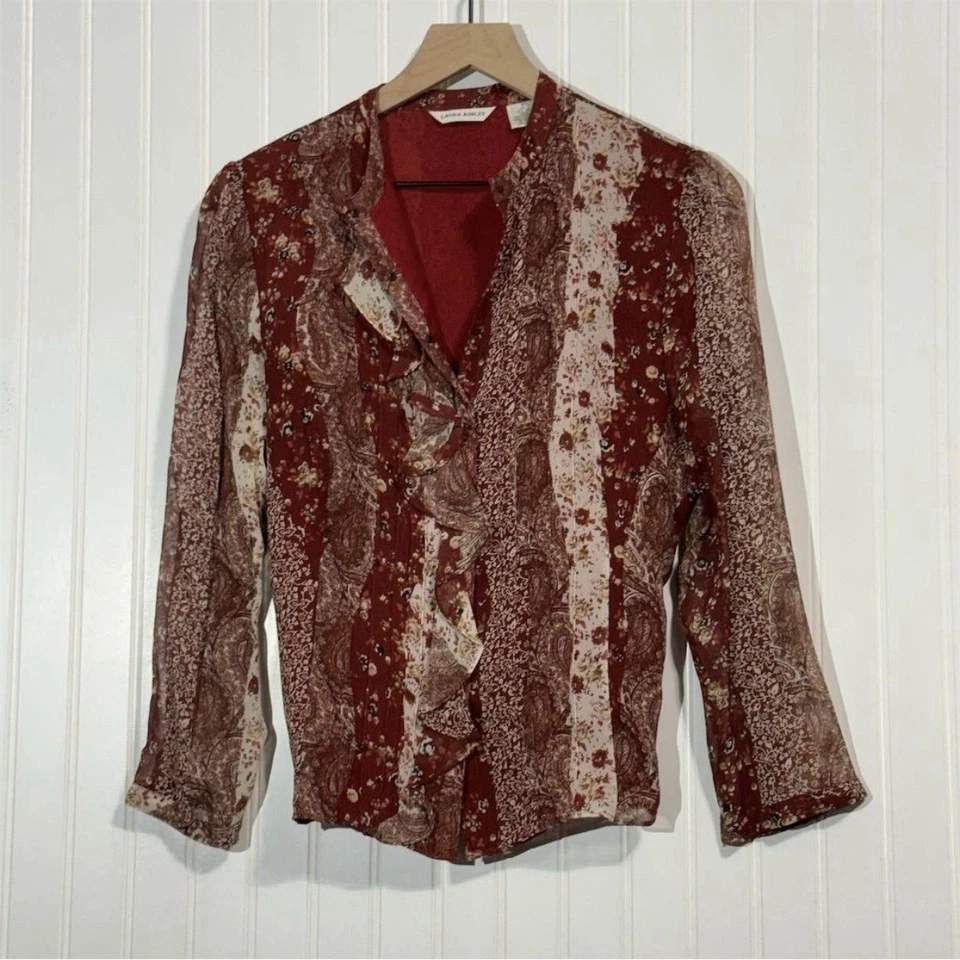 Blusa De Colección Laura Ashley 8 100% Seda Roja Paisley Floral Volantes Cottagecore Top Foto 2 de 4