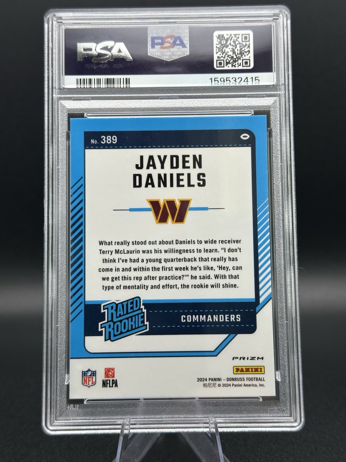 2024 Panini Donruss - Rated Rookie Jayden Daniels #389 Optic Preview Holo PSA 10 view 2