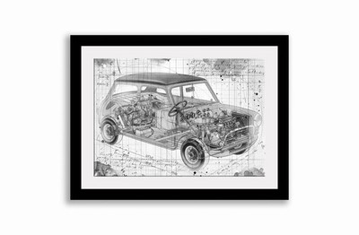 Line Tech Zeichnung Austin Twini Mini Auto Car Classic Cutaway Kunst Poster Druck