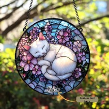 Sleeping White Cat Acrylic Suncatcher, Floral Wreath Window Decor