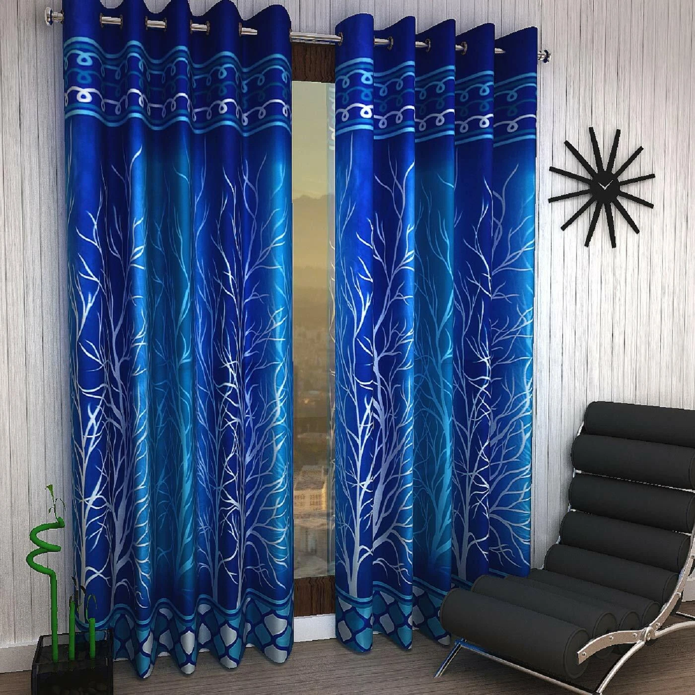New 2 Piece Eyelet Polyester Door Curtain Set - 7 feet Blue