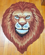 Lion Head Latch Hook Wall Decor Rug Handmade 34X27 Vtg MCM OOAK Shag Retro Gold
