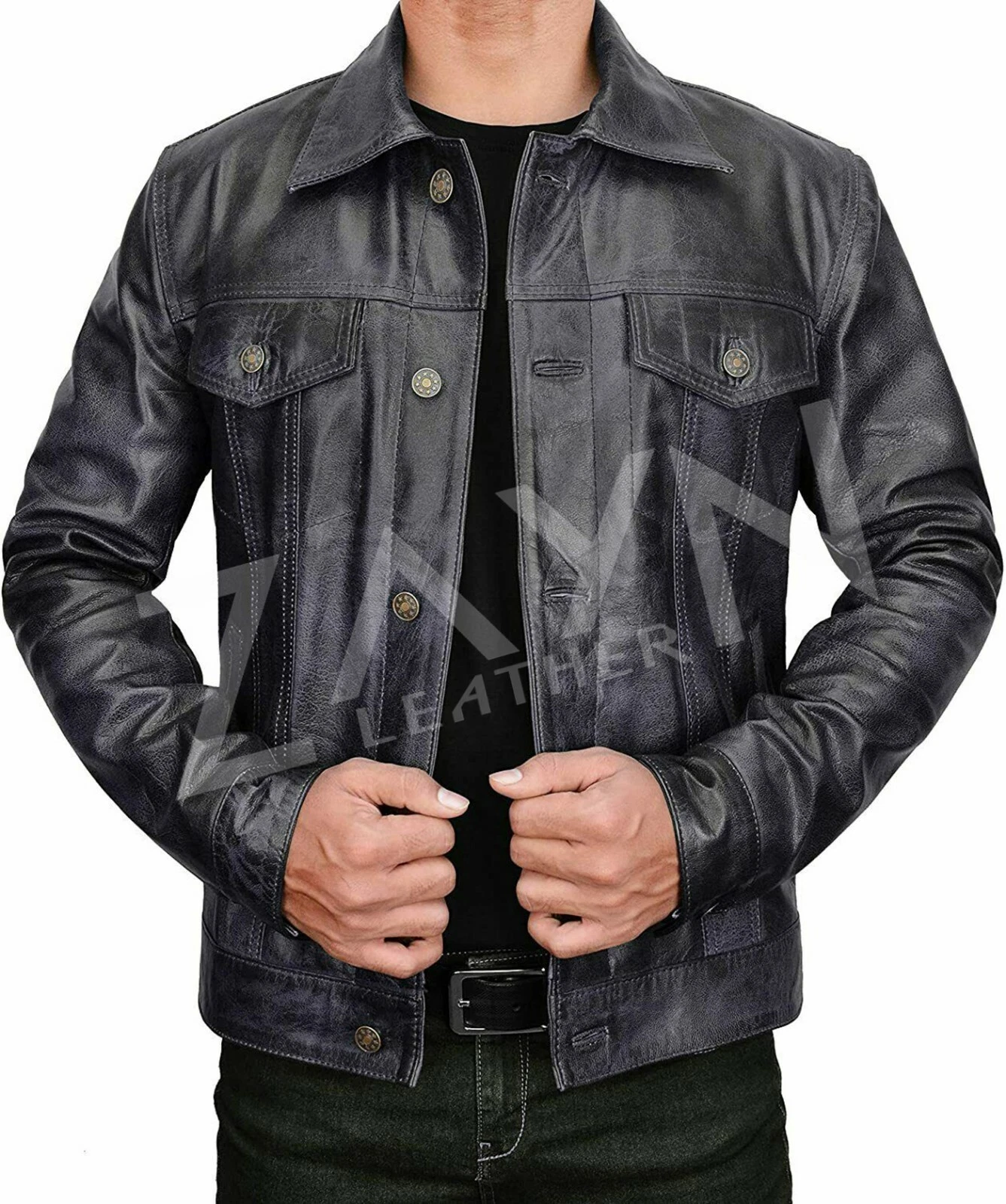 Men's Pure Lambskin Soft Leather Trucker Jacket Western Denim Coat Style Outfit