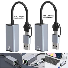 2Pcs 2-in-1 Type A/Type C to Ethernet Gigabit RJ45 Adapter 1000Mbps For Macbook