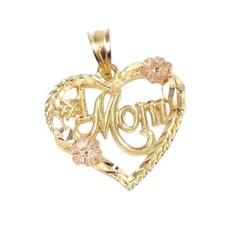 Solid 14K Yellow Rose Gold Diamond Cut Heart Love 1 Mom Mother's Day Pendant
