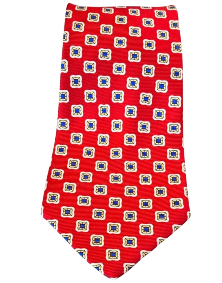 Roundtree & Yorke Classics Repp Tie Red Gold Blue White 100% Silk Hand Sewn 59" - Image 2 of 4