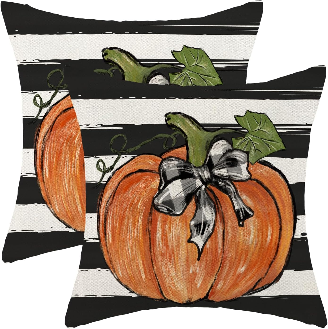 Fall Pillow Covers 18X18 Set of 2 Pumpkin Maple Leaves and Stripes Fall Decor-image
