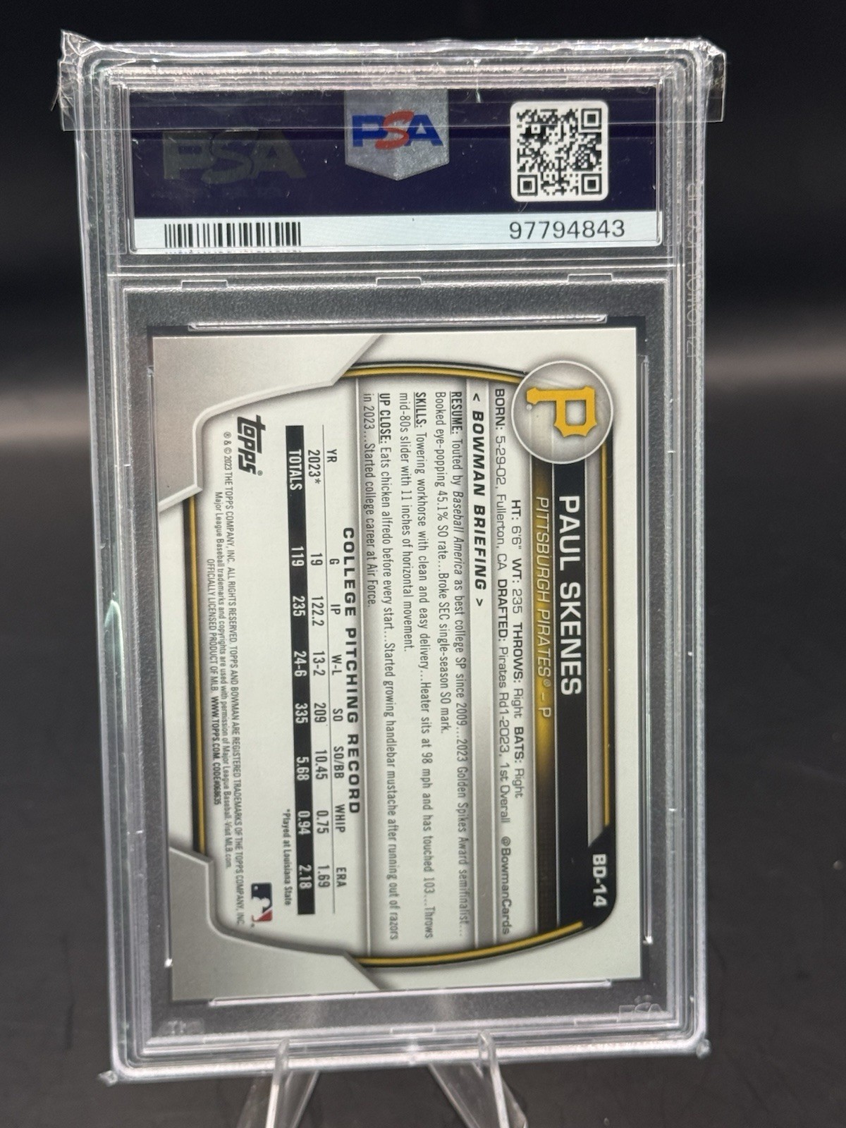 2023 Bowman Draft - Paul Skenes #BD-14 PSA 10 (RC) view 2