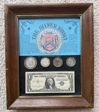 The Silver Story- Framed USA Silver Currency 3 Coins Silver Certificate Granules