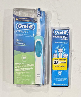 NEW ORAL-B Vitality Toothbrush Rechargeable Battery w/Charger & 3 Brush Heads