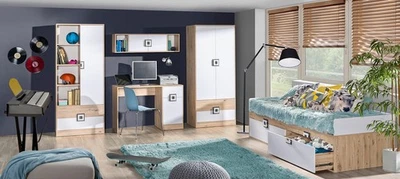 Set Chambre Adolescents Nico Lit 90x200 Eiche Claire Armoire Blanc Gris 20932 - Photo 1/4