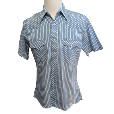 Chemise Wrangler Manche Courte Western Bleue Rayures Taille M Deux Poches - Photo 1/4