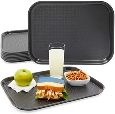 8-Pack Black Plastic Serving Trays - 16 X 12 Inch Black Nonslip - Cafeteria Meal