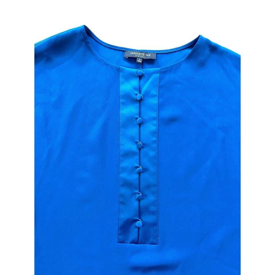 Lafayette 148 New York Royal Blue Silk Button-Up Short Sleeve Top Blouse - Image 2 of 4