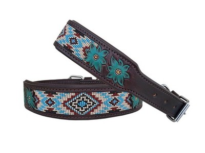 Affilare Beaded Leather Dog Collar Western Style Heavy Duty Tooled Padded for