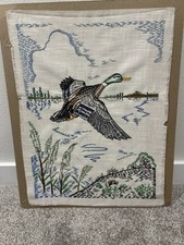 VTG Hand Made Linen Flying Duck American Embroidery 18”x15” Hunt