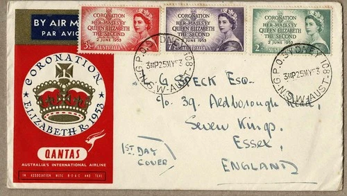 Australia 1953 Qantas Coronation FDC Cover to GB UK