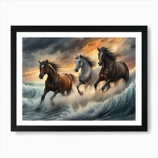 Horses In The Surf - Ai Art Print Framed Wall Art Poster Canvas Print Picture