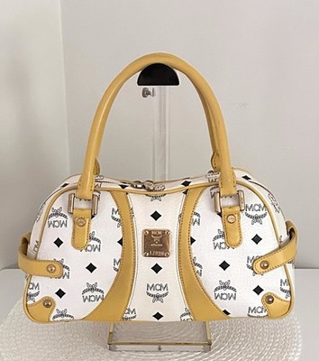 AUTHENTIC MCM Ella Visetos Monogram White Limited Edition Boston Bag Satchel Lux
