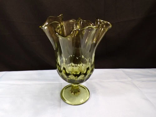 Fenton Green Glass Thumbprint Swung Footed Handkerchief Vase 8" Tall INV2