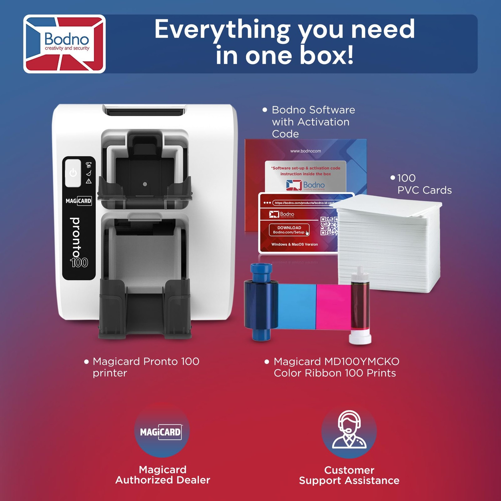 Bodno Magicard Pronto 100 ID Card Printer Complete Supplies Package ID Software