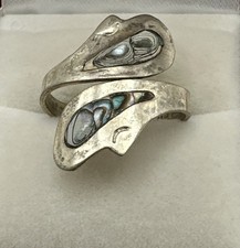 VINTAGE ABALONE SHELL INLAY ALPACA MEXICO BYPASS RING SILVER TONE WINGS BOHO Sz8