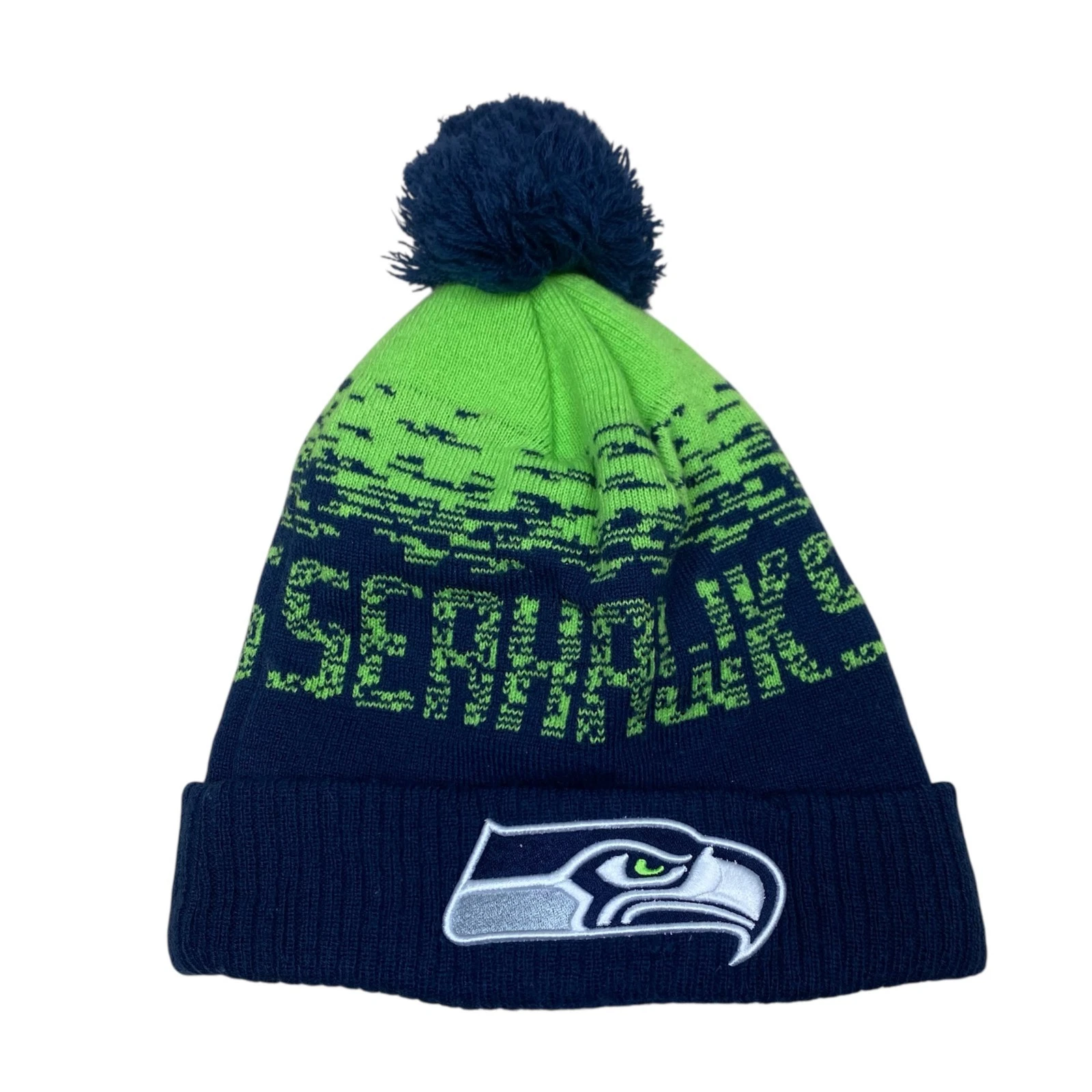 New Era Seattle Seahawks NFL Beanie Pom Pom Beanie Hat Green Blue Retro Football