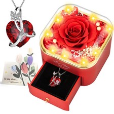 Preserved Red Real Rose with Necklace Jewelry Box -Eternal Flowers Rose Gifts...
