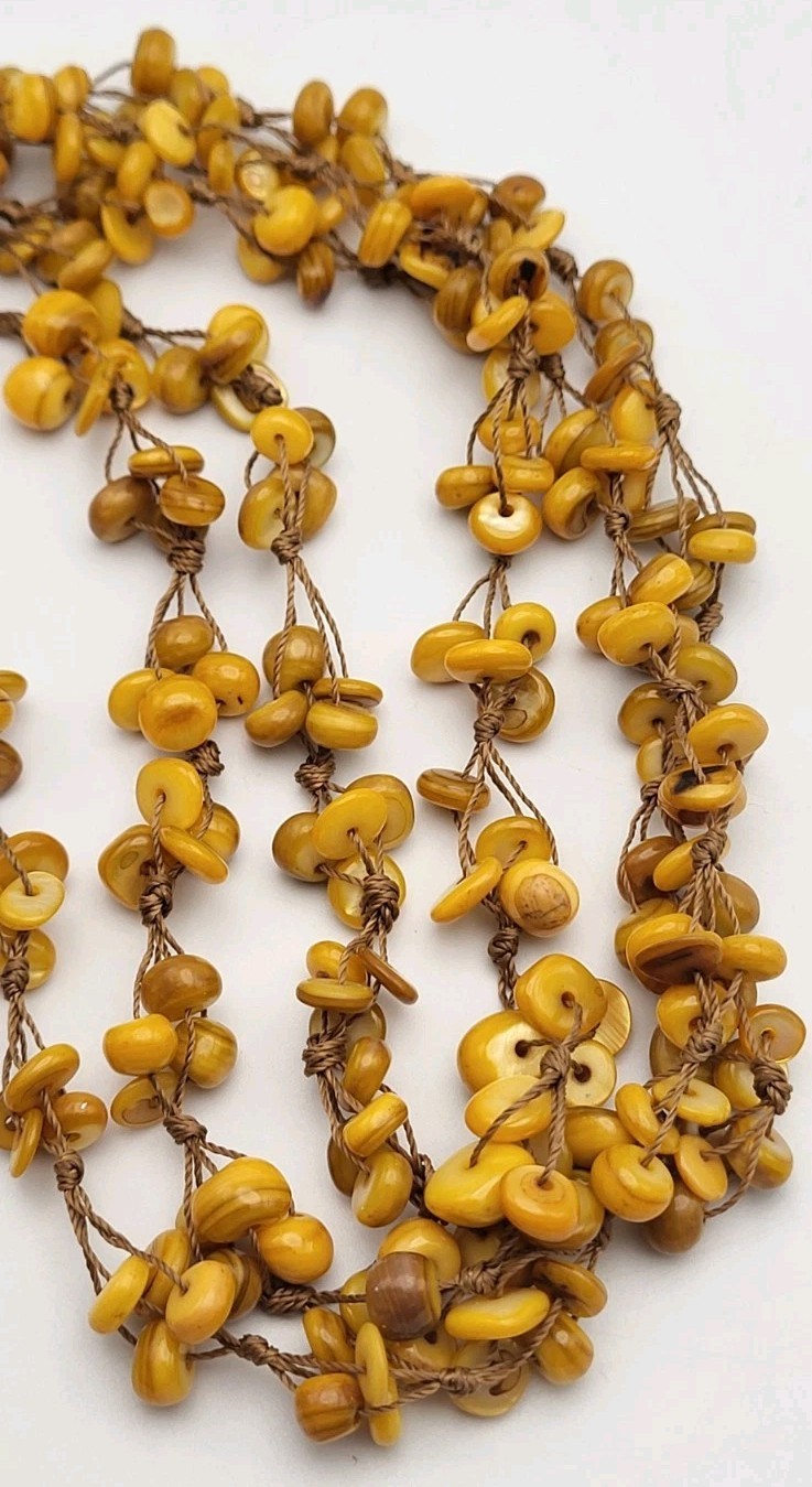 Shell Bead Statement Necklace Boho Dyed Yellow Mo… - image 10