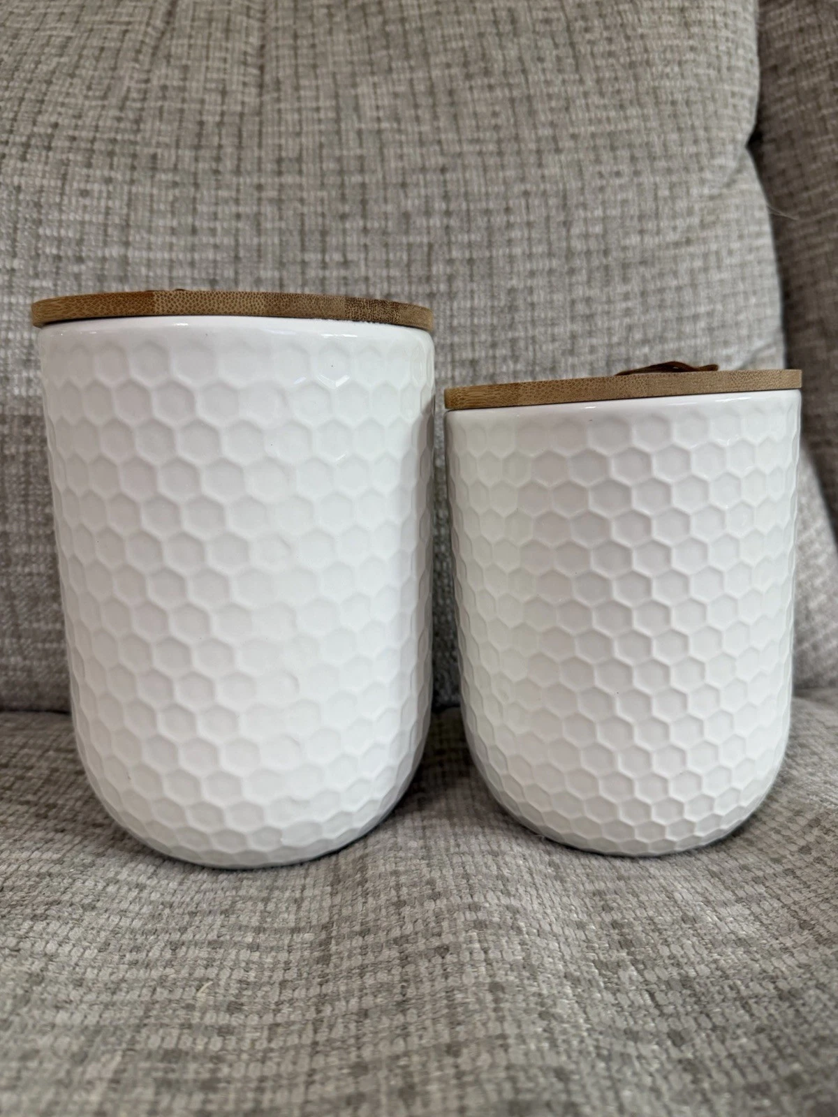 (2) Kitchen Canisters for Countertop, Ceramic Both Beehive Pattern 6” & 7”