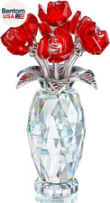 Red Crystal Rose Flower Figurine with Base,Glass Flower Bouquet Gifts for Women
