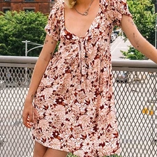 Volcom Women's Goovestone Printed Short Babydoll Dress Dark Clay Size XL/12