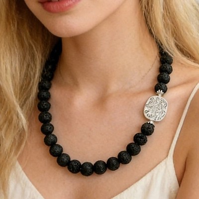 Lavastein-Halskette mit Metallperlen Damen Collier Edelstein Kette Bailysbeads 
