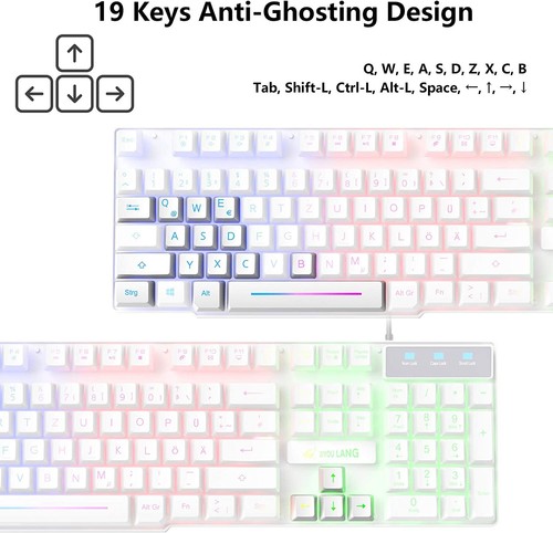 LED Gaming Tastatur Und Maus Set QWERTZ German Layout Regenbogen 2400 DPI Maus - Bild 16 von 21